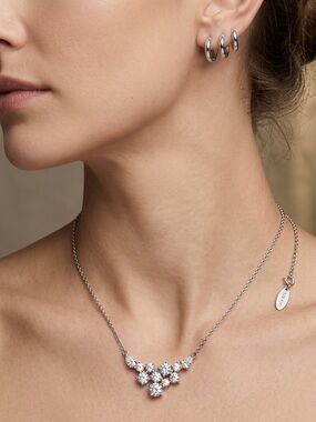 Starry Night White Gold Plated Cluster Necklace - Sparkling White CZ Pendant.